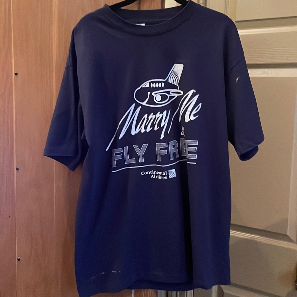 Vintage Continental Airlines T-Shirt ~ Marry Me & Fly for Free ✈️